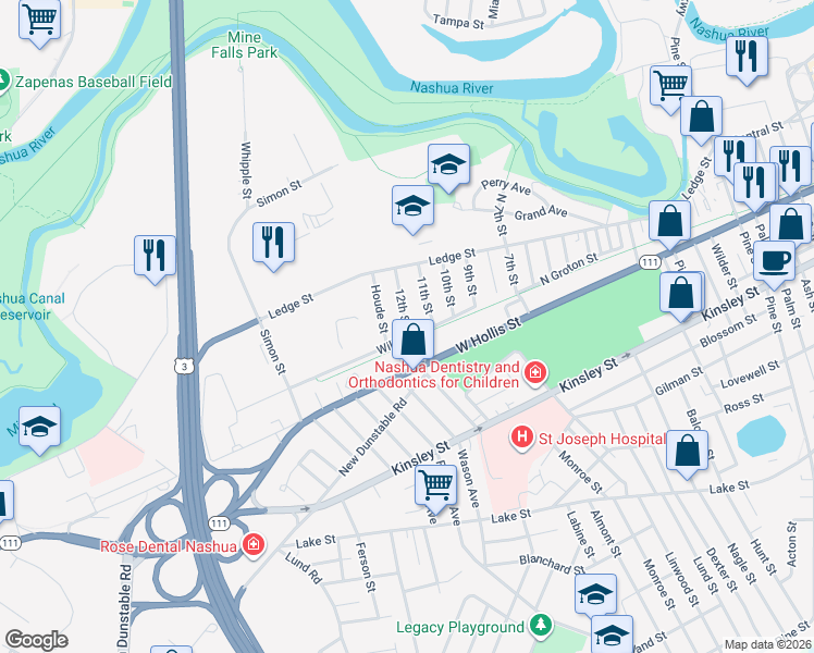 map of restaurants, bars, coffee shops, grocery stores, and more near 20 12th Street in Nashua