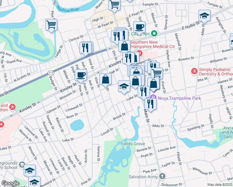 map of restaurants, bars, coffee shops, grocery stores, and more near 117 Elm Street in Nashua