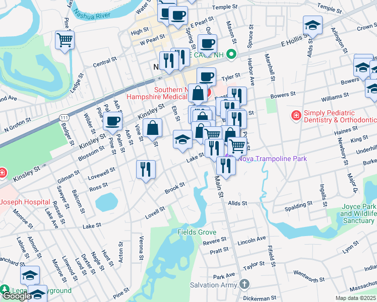 map of restaurants, bars, coffee shops, grocery stores, and more near 112 Elm Street in Nashua