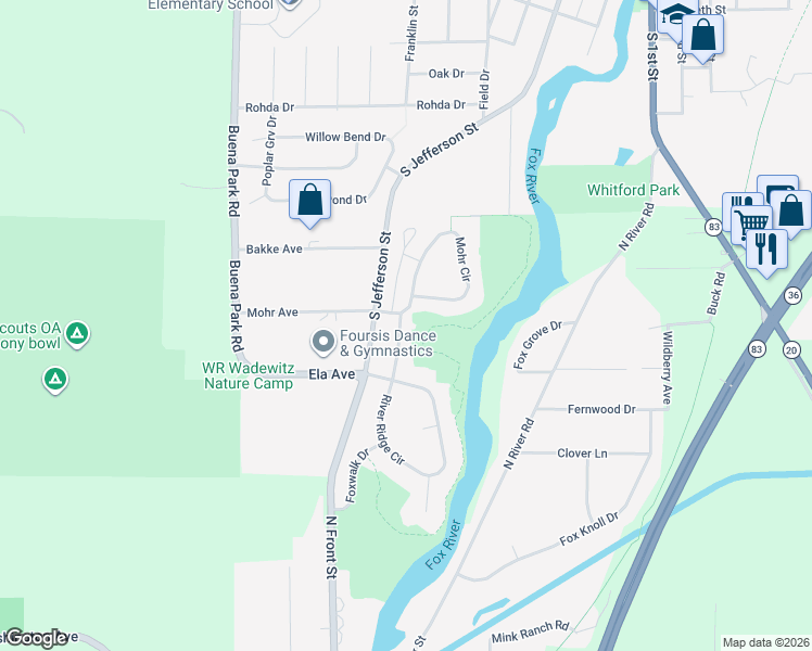 map of restaurants, bars, coffee shops, grocery stores, and more near 703 River Ridge Dr in Waterford