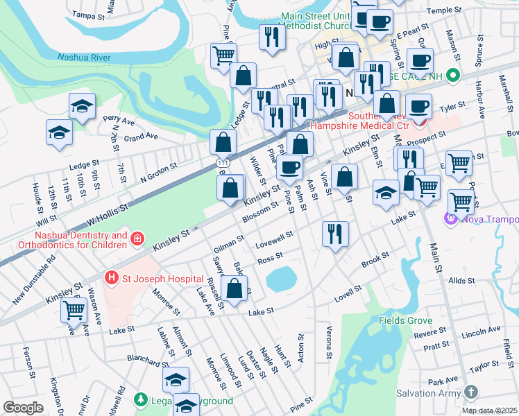 map of restaurants, bars, coffee shops, grocery stores, and more near 82 Kinsley Street in Nashua