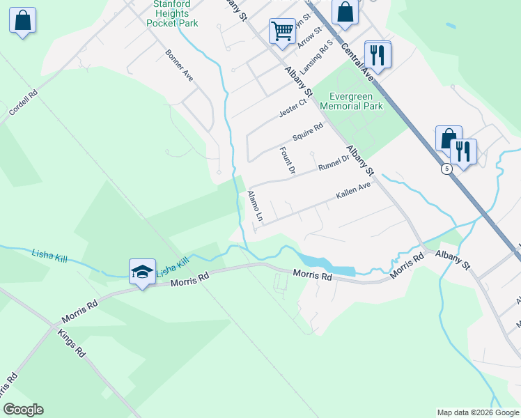 map of restaurants, bars, coffee shops, grocery stores, and more near 6 Alamo Lane in Schenectady