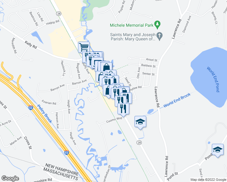 map of restaurants, bars, coffee shops, grocery stores, and more near 355 South Broadway in Salem