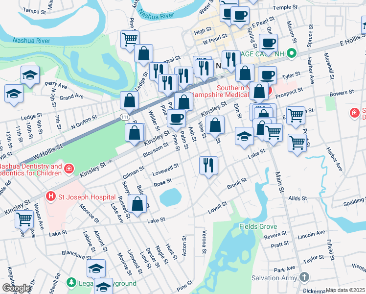 map of restaurants, bars, coffee shops, grocery stores, and more near 107 Palm Street in Nashua