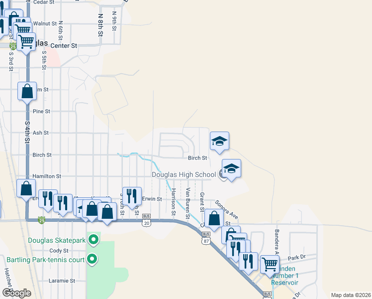map of restaurants, bars, coffee shops, grocery stores, and more near 1258 Village Drive in Douglas