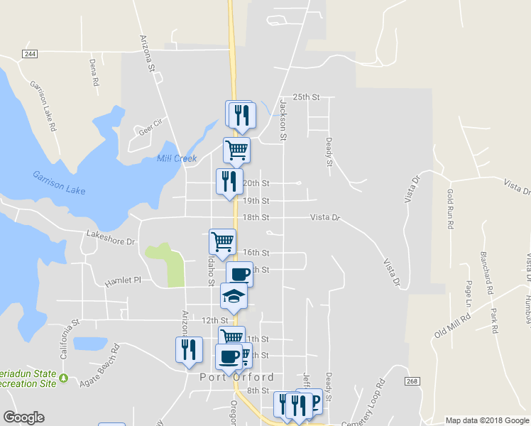 map of restaurants, bars, coffee shops, grocery stores, and more near 380 18th Street in Port Orford