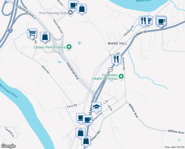 map of restaurants, bars, coffee shops, grocery stores, and more near 125 Ferry Road in Haverhill