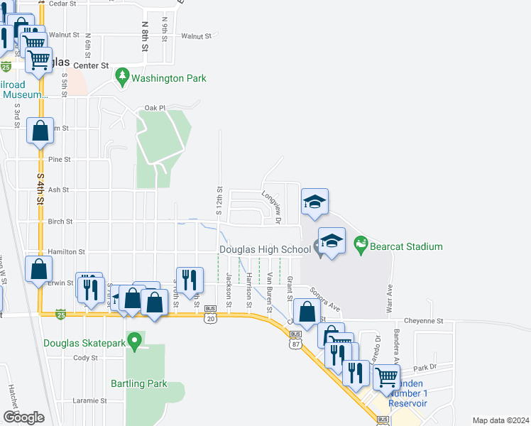 map of restaurants, bars, coffee shops, grocery stores, and more near 1258 Village Drive in Douglas