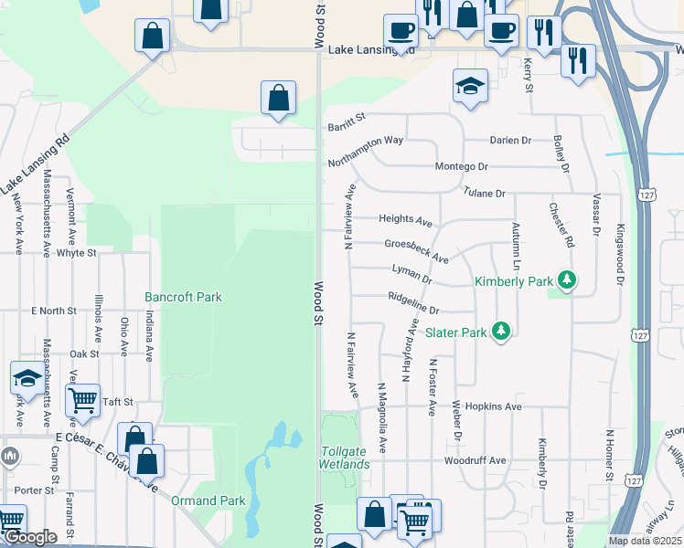 map of restaurants, bars, coffee shops, grocery stores, and more near 1719 N Fairview Ave in Lansing