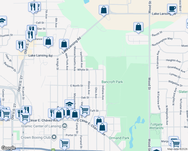 map of restaurants, bars, coffee shops, grocery stores, and more near 1703 Ohio Ave in Lansing