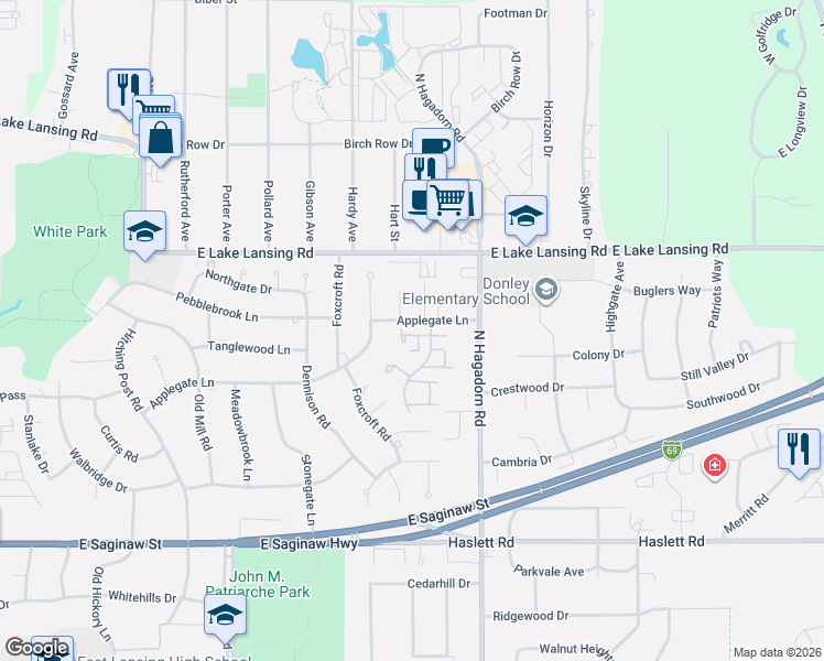 map of restaurants, bars, coffee shops, grocery stores, and more near 1257 Glenmeadow Lane in East Lansing