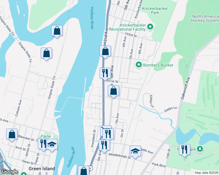 map of restaurants, bars, coffee shops, grocery stores, and more near 3349 6th Avenue in Troy