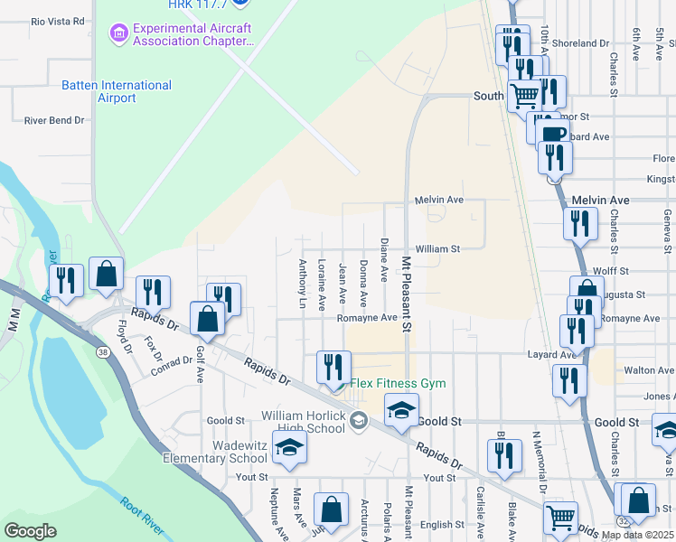 map of restaurants, bars, coffee shops, grocery stores, and more near 2626 Jean Avenue in Racine