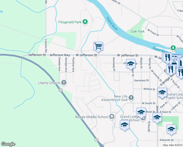 map of restaurants, bars, coffee shops, grocery stores, and more near Grand Ledge Drive in Grand Ledge