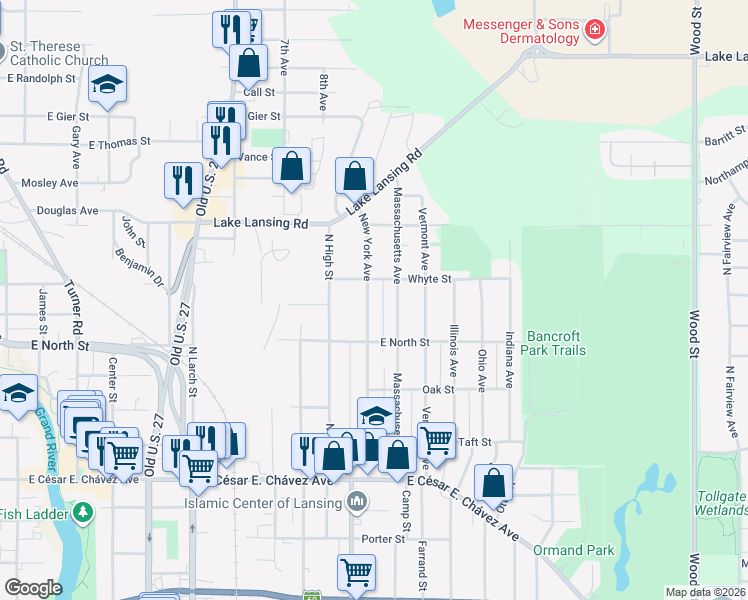 map of restaurants, bars, coffee shops, grocery stores, and more near 1704 New York Avenue in Lansing