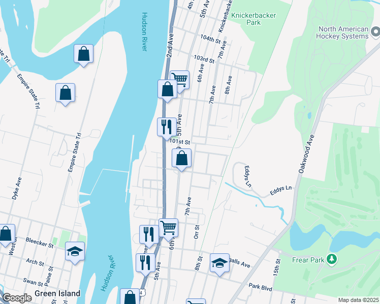 map of restaurants, bars, coffee shops, grocery stores, and more near 3335 7th Avenue in Troy