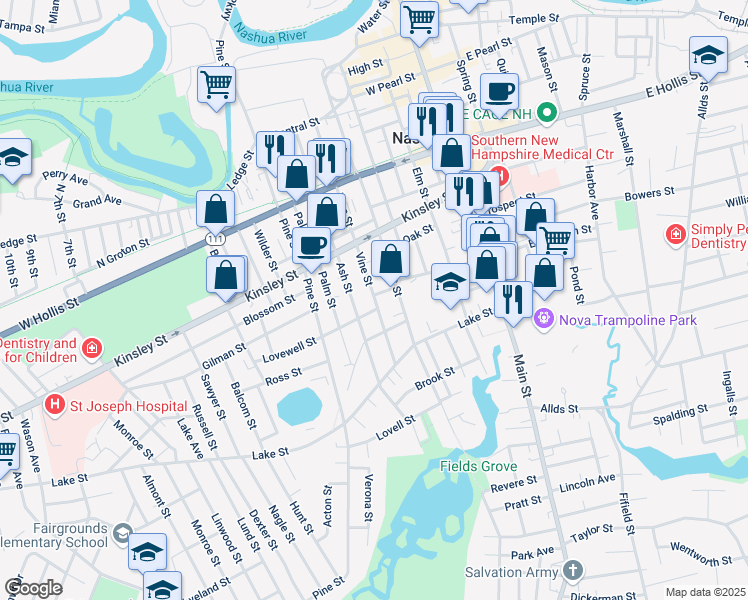 map of restaurants, bars, coffee shops, grocery stores, and more near 109 Vine Street in Nashua