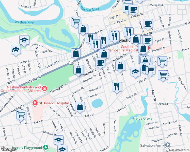 map of restaurants, bars, coffee shops, grocery stores, and more near 8 Blossom Street in Nashua