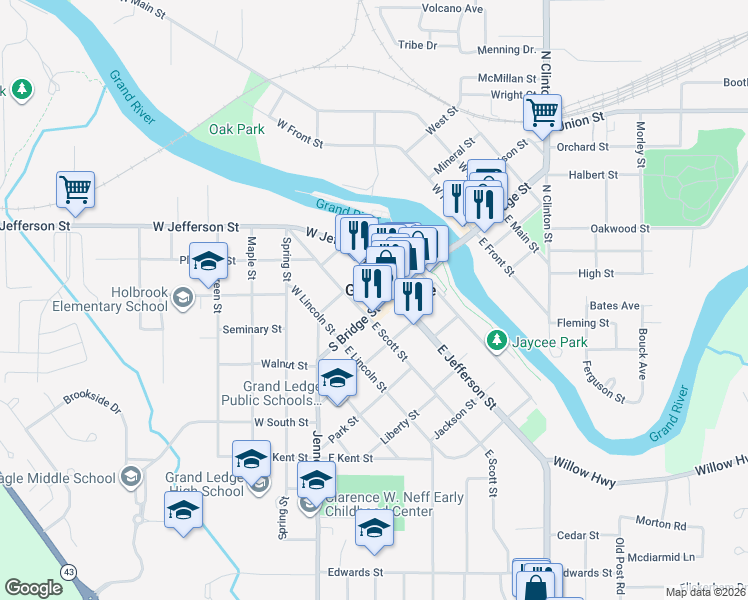 map of restaurants, bars, coffee shops, grocery stores, and more near 314 South Bridge Street in Grand Ledge