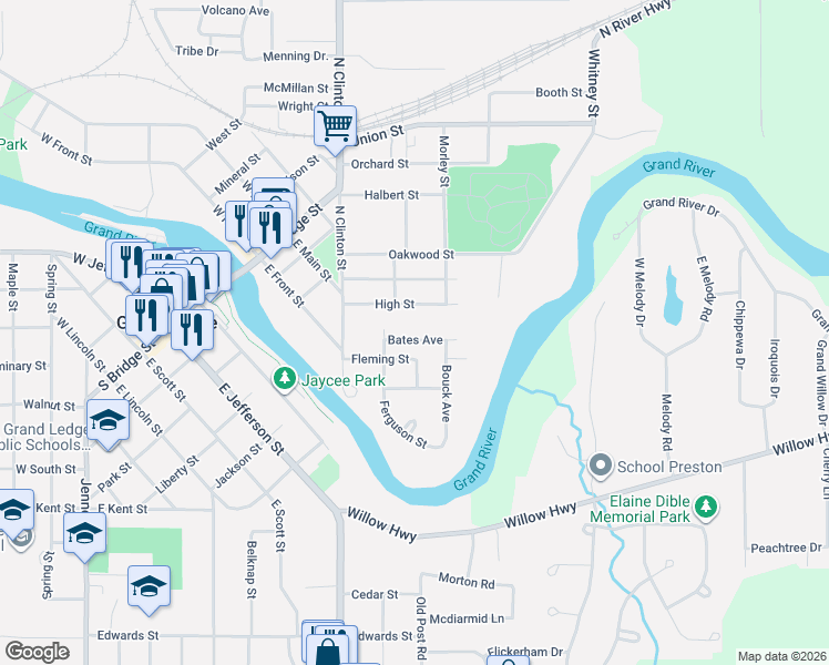 map of restaurants, bars, coffee shops, grocery stores, and more near 223 Bates Avenue in Grand Ledge