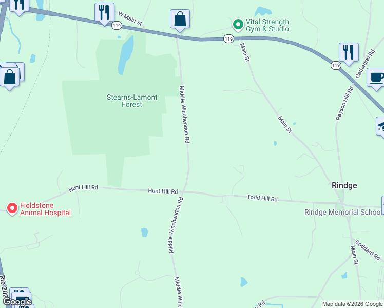 map of restaurants, bars, coffee shops, grocery stores, and more near 109 Middle Winchendon Road in Rindge