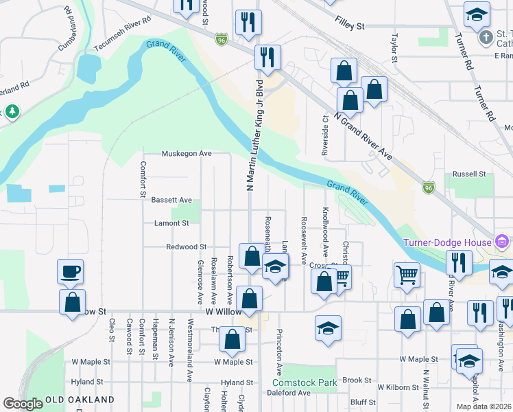 map of restaurants, bars, coffee shops, grocery stores, and more near 1040 Greenwood Avenue in Lansing