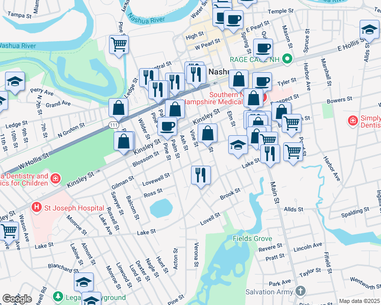 map of restaurants, bars, coffee shops, grocery stores, and more near 100 Ash Street in Nashua