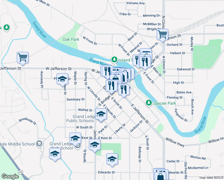 map of restaurants, bars, coffee shops, grocery stores, and more near 312 South Bridge Street in Grand Ledge