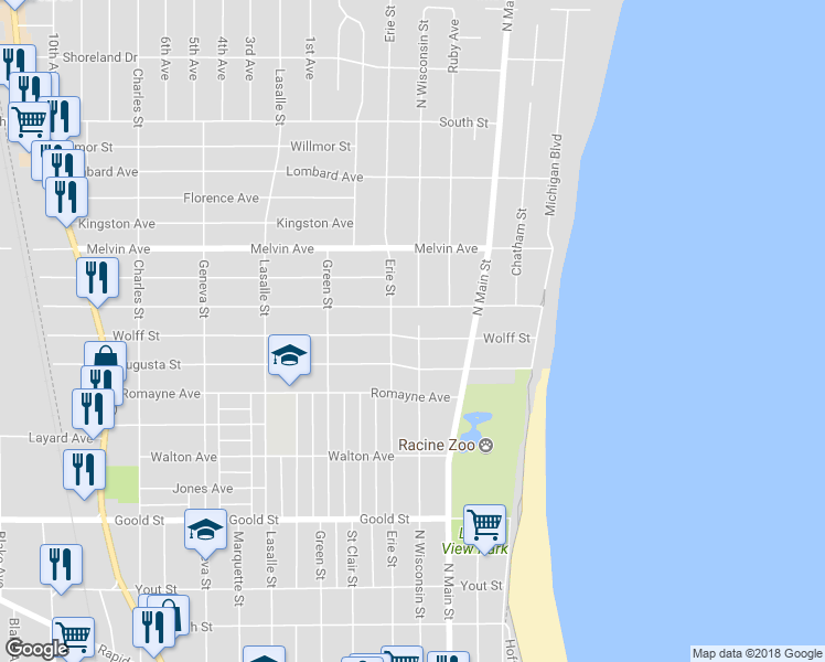map of restaurants, bars, coffee shops, grocery stores, and more near 500 Wolff Street in Racine