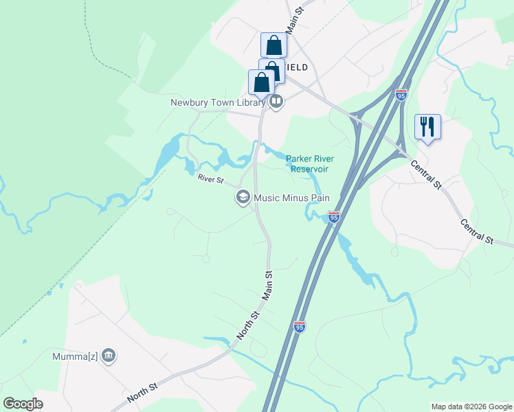 map of restaurants, bars, coffee shops, grocery stores, and more near 30 Main Street in Newbury