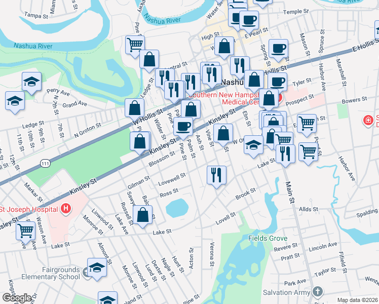 map of restaurants, bars, coffee shops, grocery stores, and more near 107 Palm Street in Nashua