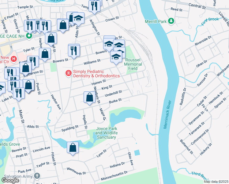map of restaurants, bars, coffee shops, grocery stores, and more near 21 Underhill Street in Nashua