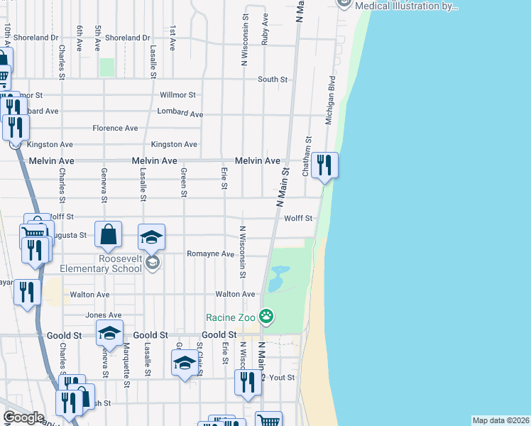 map of restaurants, bars, coffee shops, grocery stores, and more near 416 Wolff St in Racine