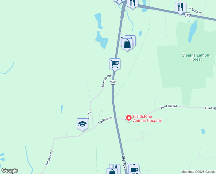 map of restaurants, bars, coffee shops, grocery stores, and more near 136 Thomas Road in Rindge