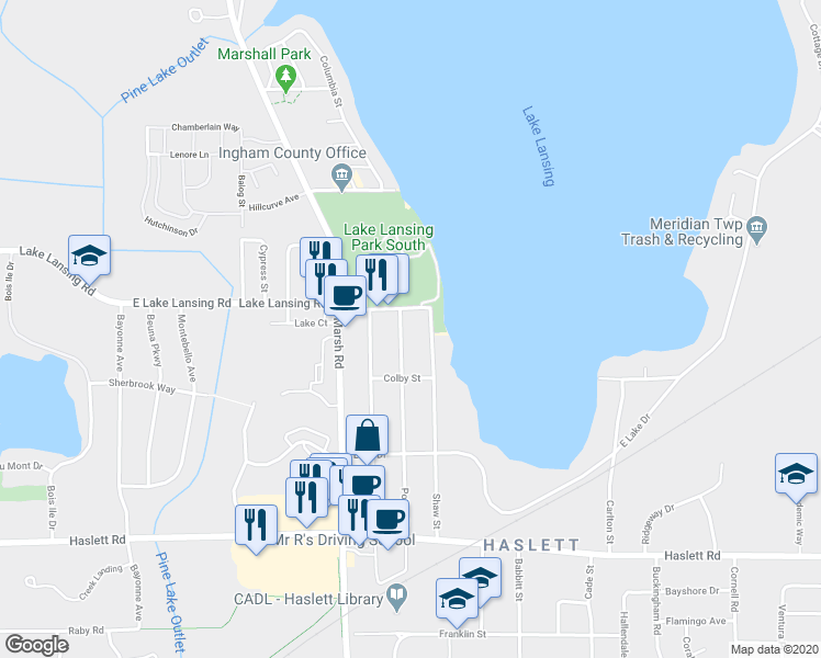 map of restaurants, bars, coffee shops, grocery stores, and more near 5936 Potter Street in Meridian charter Township
