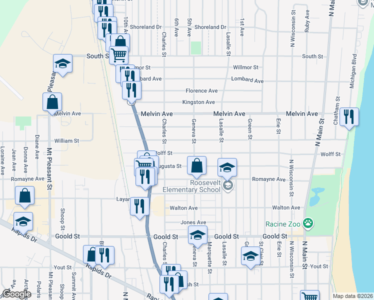 map of restaurants, bars, coffee shops, grocery stores, and more near 1212 Wolff Street in Racine