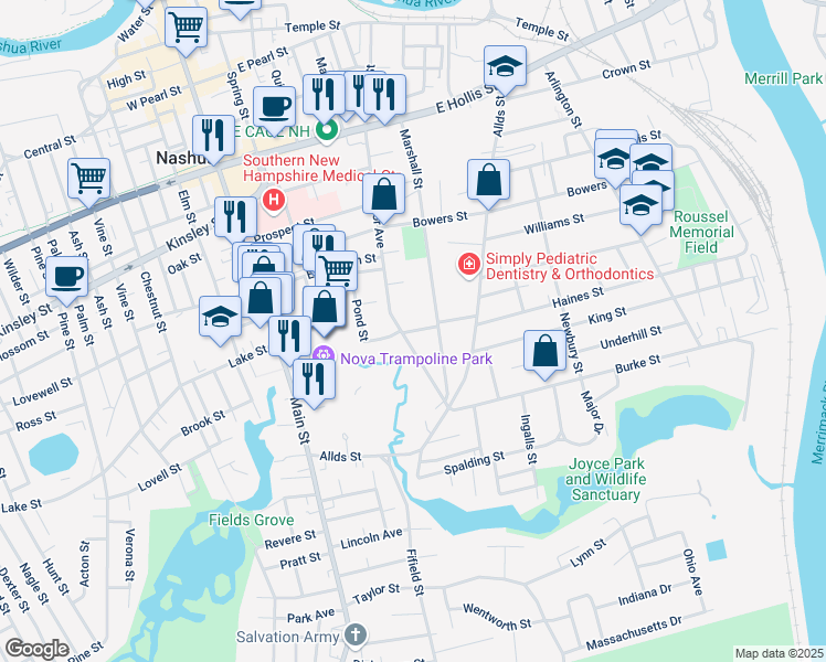 map of restaurants, bars, coffee shops, grocery stores, and more near Lyons Street in Nashua