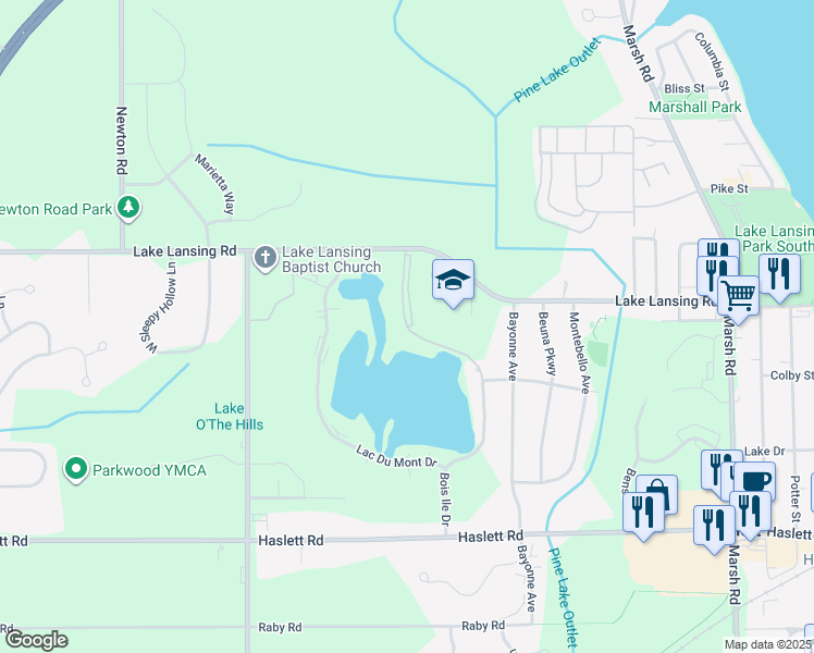 map of restaurants, bars, coffee shops, grocery stores, and more near 5937 Bois Ile Drive in Meridian charter Township