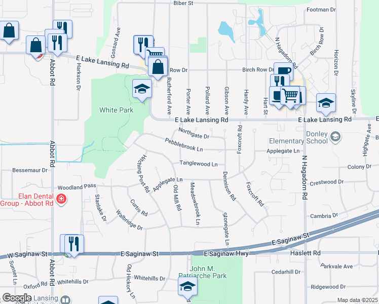 map of restaurants, bars, coffee shops, grocery stores, and more near 1718 Rudgate Lane in East Lansing