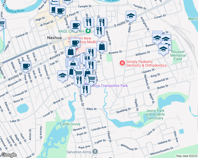 map of restaurants, bars, coffee shops, grocery stores, and more near 30 Pond Street in Nashua
