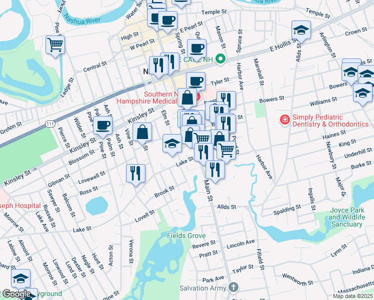 map of restaurants, bars, coffee shops, grocery stores, and more near 112 Elm Street in Nashua