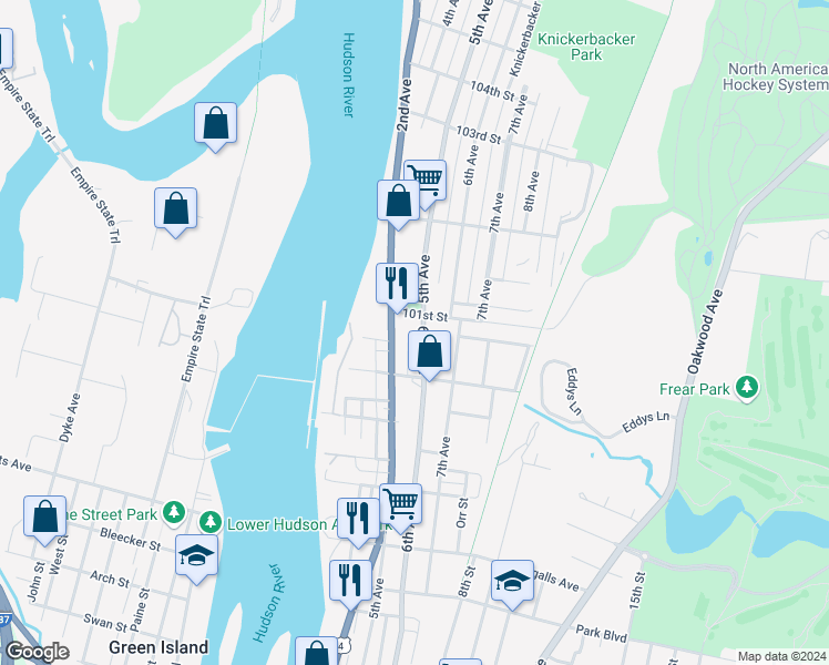 map of restaurants, bars, coffee shops, grocery stores, and more near 3349 6th Avenue in Troy