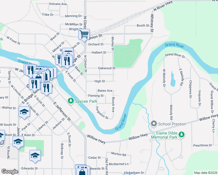 map of restaurants, bars, coffee shops, grocery stores, and more near 223 Bates Avenue in Grand Ledge