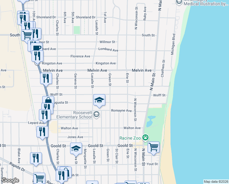map of restaurants, bars, coffee shops, grocery stores, and more near 713 Wolff Street in Racine
