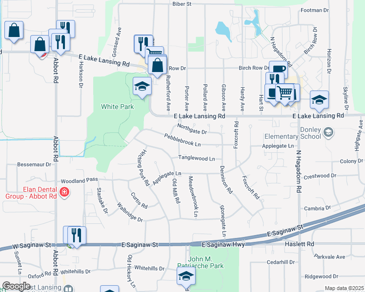 map of restaurants, bars, coffee shops, grocery stores, and more near 1718 Rudgate Lane in East Lansing