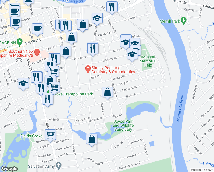 map of restaurants, bars, coffee shops, grocery stores, and more near 28 King Street in Nashua