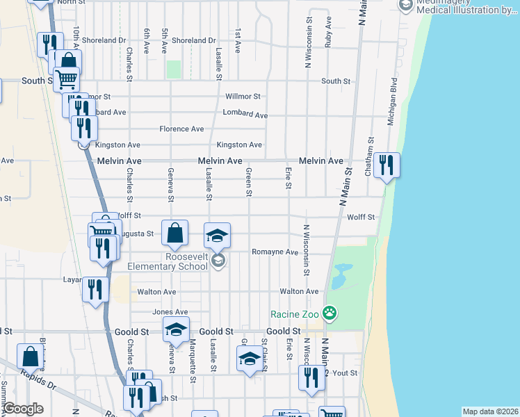map of restaurants, bars, coffee shops, grocery stores, and more near 713 Wolff Street in Racine
