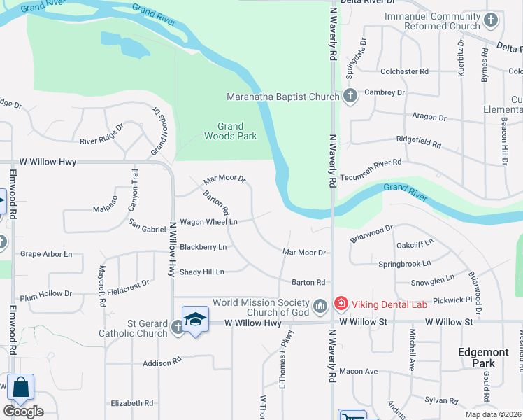map of restaurants, bars, coffee shops, grocery stores, and more near 4158 Mar Moor Drive in Lansing