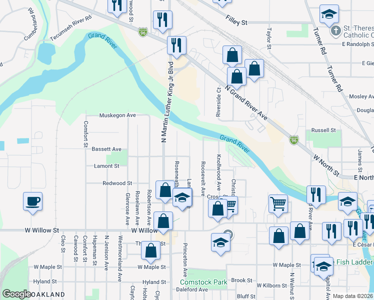 map of restaurants, bars, coffee shops, grocery stores, and more near 1611 Lansing Avenue in Lansing