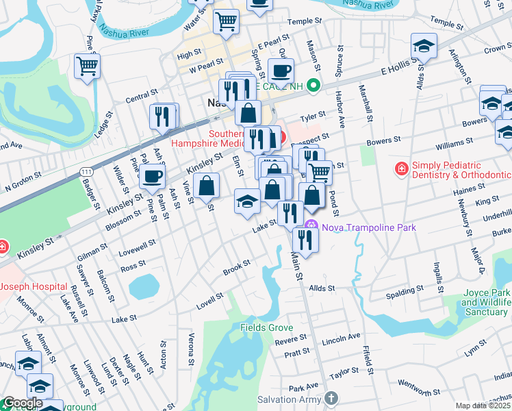 map of restaurants, bars, coffee shops, grocery stores, and more near 112 Elm Street in Nashua